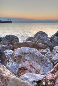 Lighthosue. Means of the equipment of sea ways in the form of a capital construction of tower type. Crimea, Ukraine