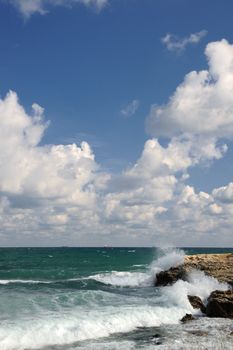 Splash of waves about coastal stones. Crimea, Ukraine