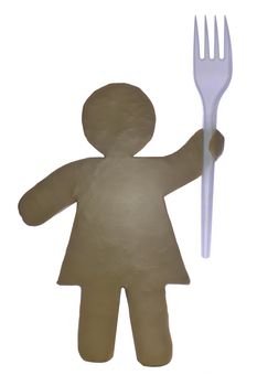 3d Astickman with fork on white background.