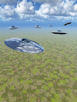 Attack of UFO. The abstract image of futuristic flying devices above a surface of the ground