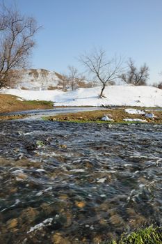 The spring river. A rough stream after a spring thawing weather