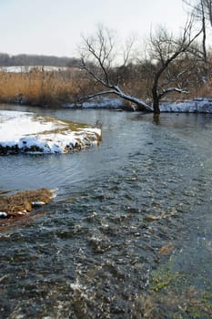 The spring river. A rough stream after a spring thawing weather