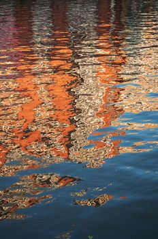 A gently rippled surface on a body of water reflecting blues and golden orange colours