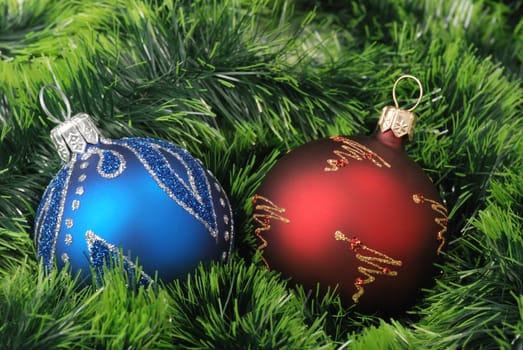 Christmas background. New Year's toys and ornaments bright and glow 