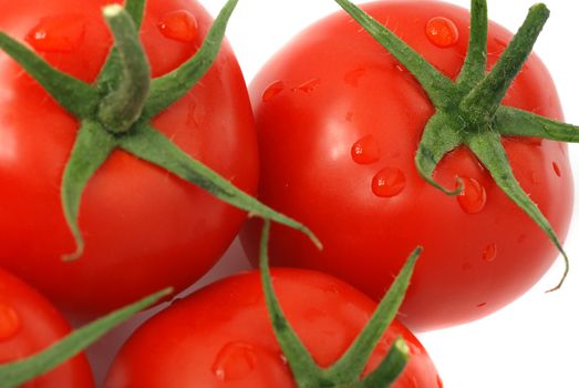 Tomato. A ripe vegetable with drops of dew.
