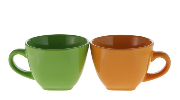 Color cups. Ceramic service from color cups