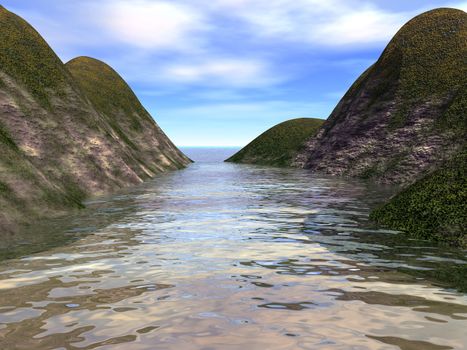 Gulf, on a background of flat hills covered by greens
