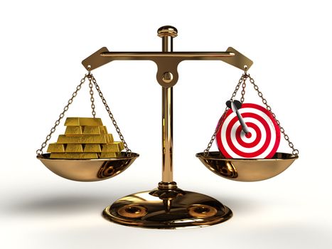 The value of Target. On a golden balance, are compared in a target symbol and a lot of gold bullion, computer-generated conceptual image.