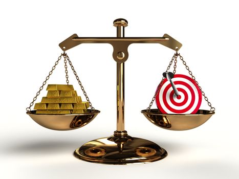 The value of Target. On a golden balance, are compared in a target symbol and a lot of gold bullion, computer-generated conceptual image.