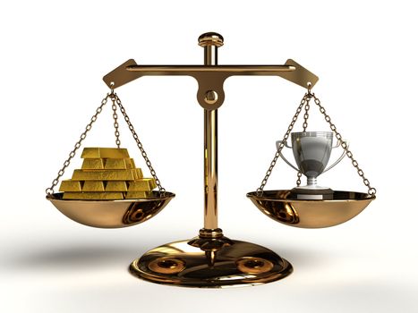 The value of Succes. On a golden balance, are compared in a trophy cup and a lot of gold bullion, computer-generated conceptual image.