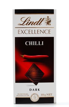 Lindt Chilli premium dark chocolate block 100g. Lindt make 41 varieties of chocolate blocks. White background.  Editorial Use Only.