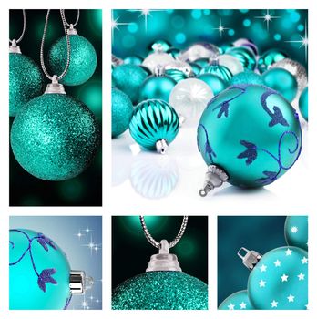 Collage of blue  christmas decorations on different backgrounds with copy space