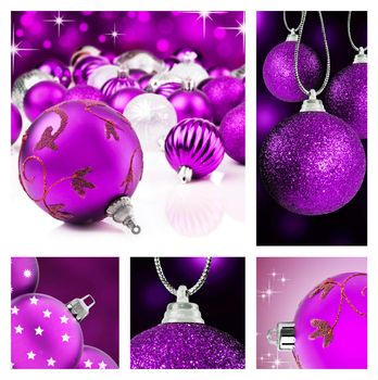 Collage of purple  christmas decorations on different backgrounds