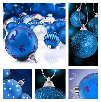 Collage of blue  christmas decorations on different backgrounds with copy space