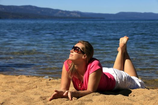 Girl on vacation at a lake Tahoe