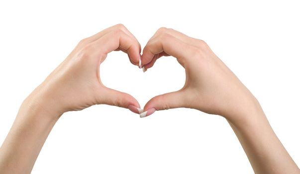 Female hand making sign heart isolated on white background.
