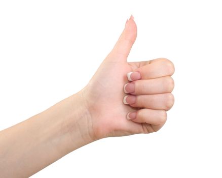 Female hands shows gesture thumbs up isolated on white background.