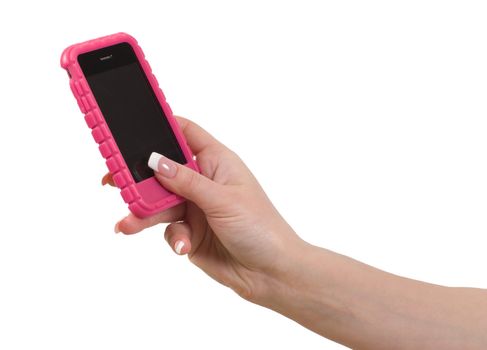 Woman's hand with French manicure keeps your mobile phone.