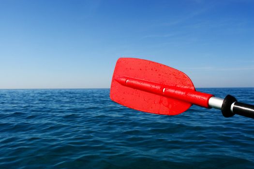 close-up of a red paddle outside in the ocean
