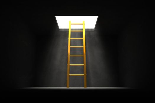 yellow - golden shiny ladder in the middle of a dark room leads out to the light