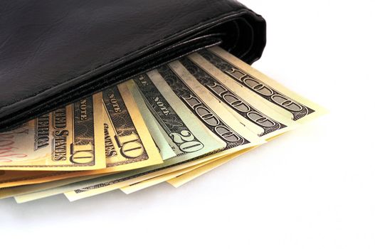 The black leather wallet with money isolated on the white background