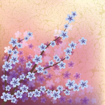 abstract floral illustration with blue flowers on cracked background