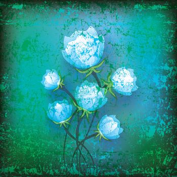 abstract floral illustration with blue flowers on green background