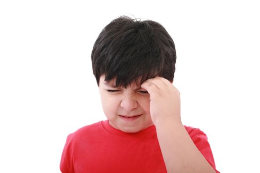 A boy with a headache; isolated on the white background