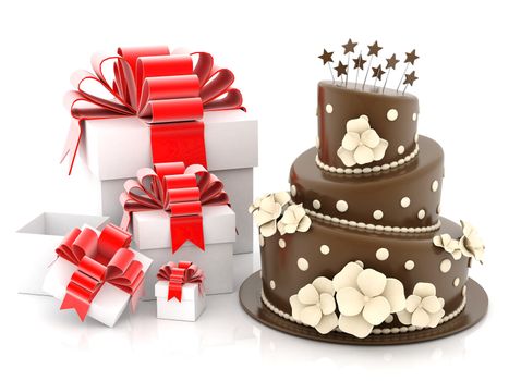 A beautiful wedding cake on a white background
