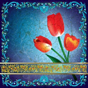 abstract grunge greeting with red tulips on blue background