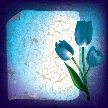 abstract grunge greeting with tulips on blue background