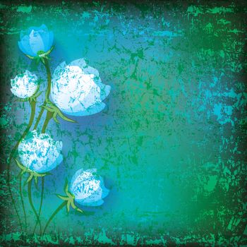 abstract grunge illustration with blue flowers on green background