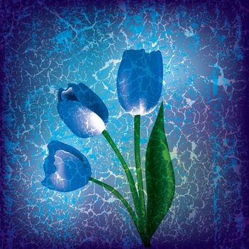abstract grunge illustration with blue tulips on cracked background