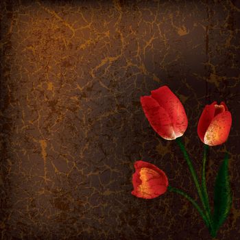 abstract grunge illustration with red tulips on brown background