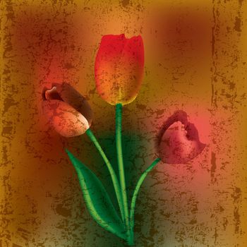 abstract grunge illustration with red tulips on cracked background