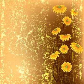 abstract grunge illustration with yellow flowers on brown background
