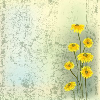 abstract grunge illustration with yellow flowers on green background