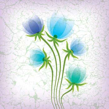 abstract illustration with blue flowers on cracked background