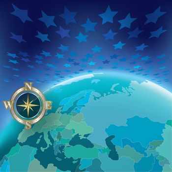 abstract illustration with globe and compass on stars background