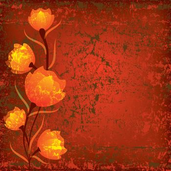 abstract illustration with red flowers on grunge background