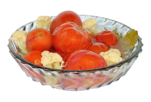 Cold appetizer of home marinated tomatoes with cauliflower 