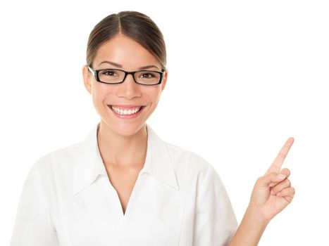 Optician woman pointing and showing wearing eye glasses. Eyewear concept with mulitracial Asian / Caucasian female model isolated on white background.