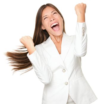 Happy winner - success business woman celebrating screaming and dancing of joy after winning something. Beautiful mixed race Chinese Asian / Caucasian businesswoman in white cheerful over her success. Isolated on white background.