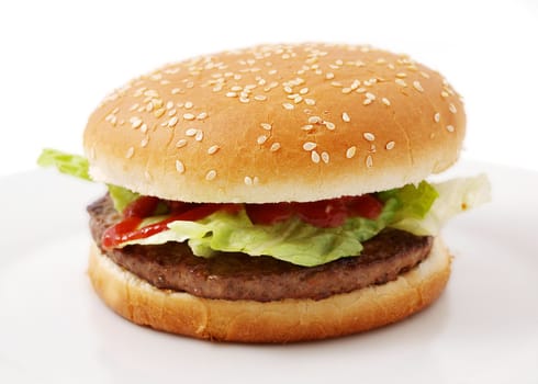 Hamburger with salad, and ketchup on white plate, towards white background