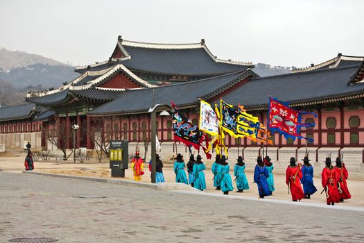 Korean traditional guardians with flags in Seoul