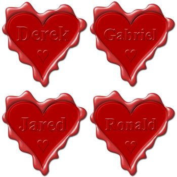 Valentine love hearts with names: Derek, Gabriel, Jared, Ronald