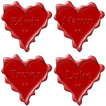 Valentine love hearts with names: Edwin, Marcus, Trevor, Luke