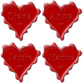 Valentine love hearts with names: Diana, Anna, Jamie, Marissa