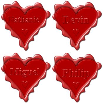Valentine love hearts with names: Nathaniel, Devin, Miguel, Philip