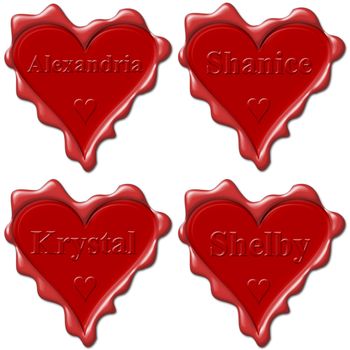 Valentine love hearts with names: Alexandria, Shanice, Krystal, Shelby